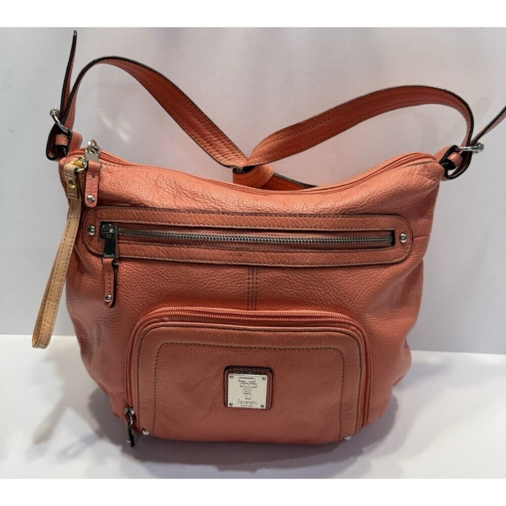 Tignanello Womens Hobo Orange Leather Shoulder Handbag Satchel Purse Pockets